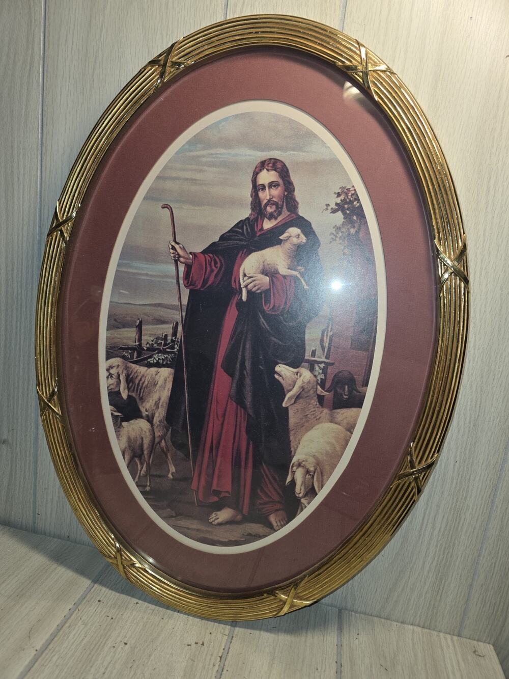Vtg Jesus The Good Shepard Picture Religious Oval Wall Art Hollywood Regency